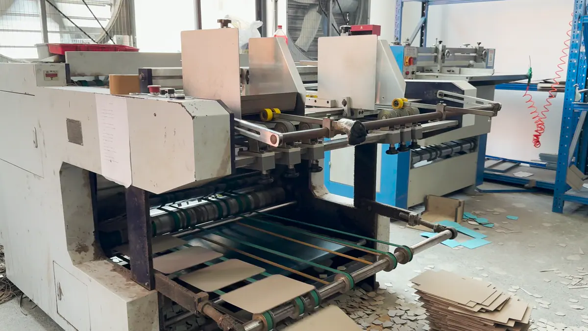 Paperboard V grooving equipment for wrapped rigid boxes