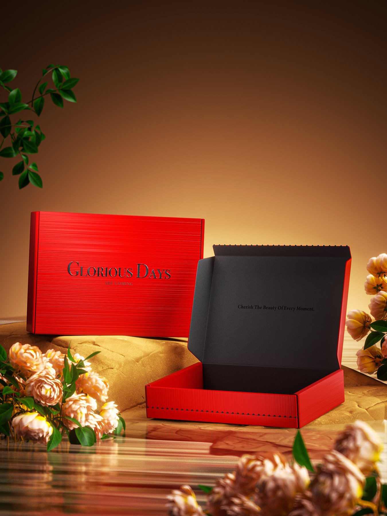 Red and black open corrugated mailer box